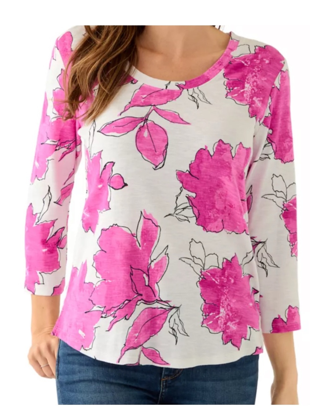 Tommy Bahama White Top with Bright Pink Floral Print 3/4 sleeve